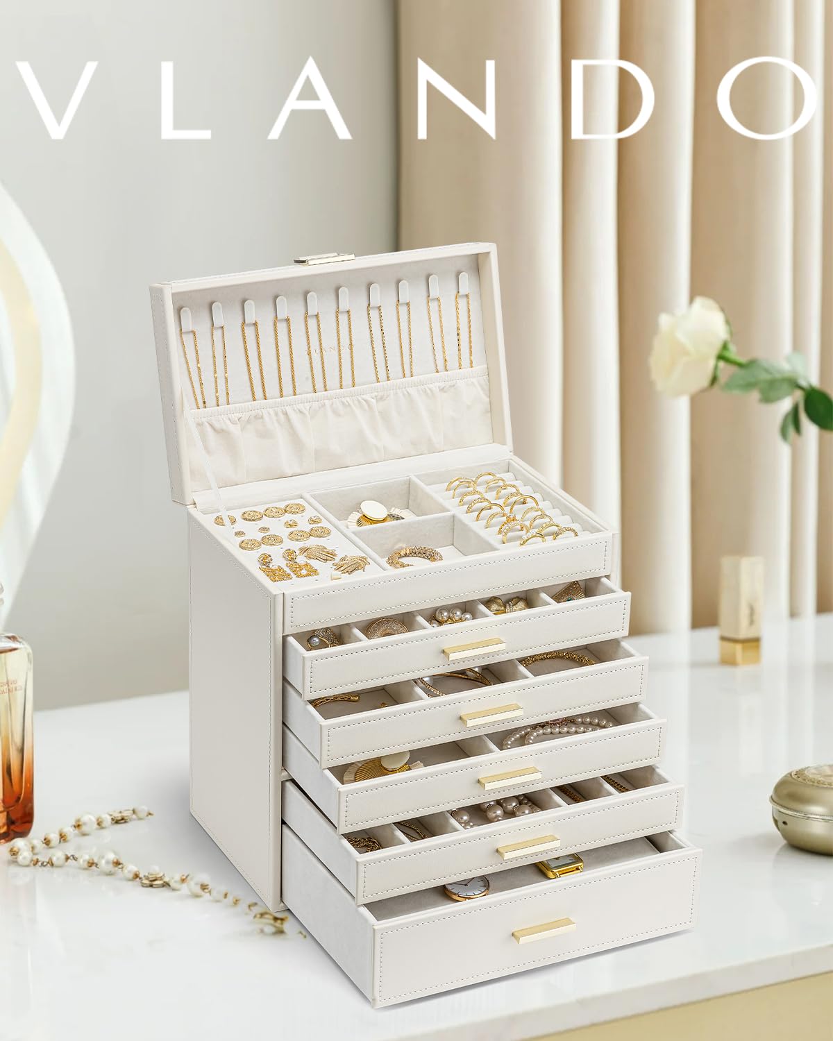 VLANDO 6 Layer Large Jewelry Box - Jewelry Holder Organizer, Jewelry Box Organizer for Drawer Necklace Ring Bracelet and Watch, Birthday Gift for Loved Ones - Beige