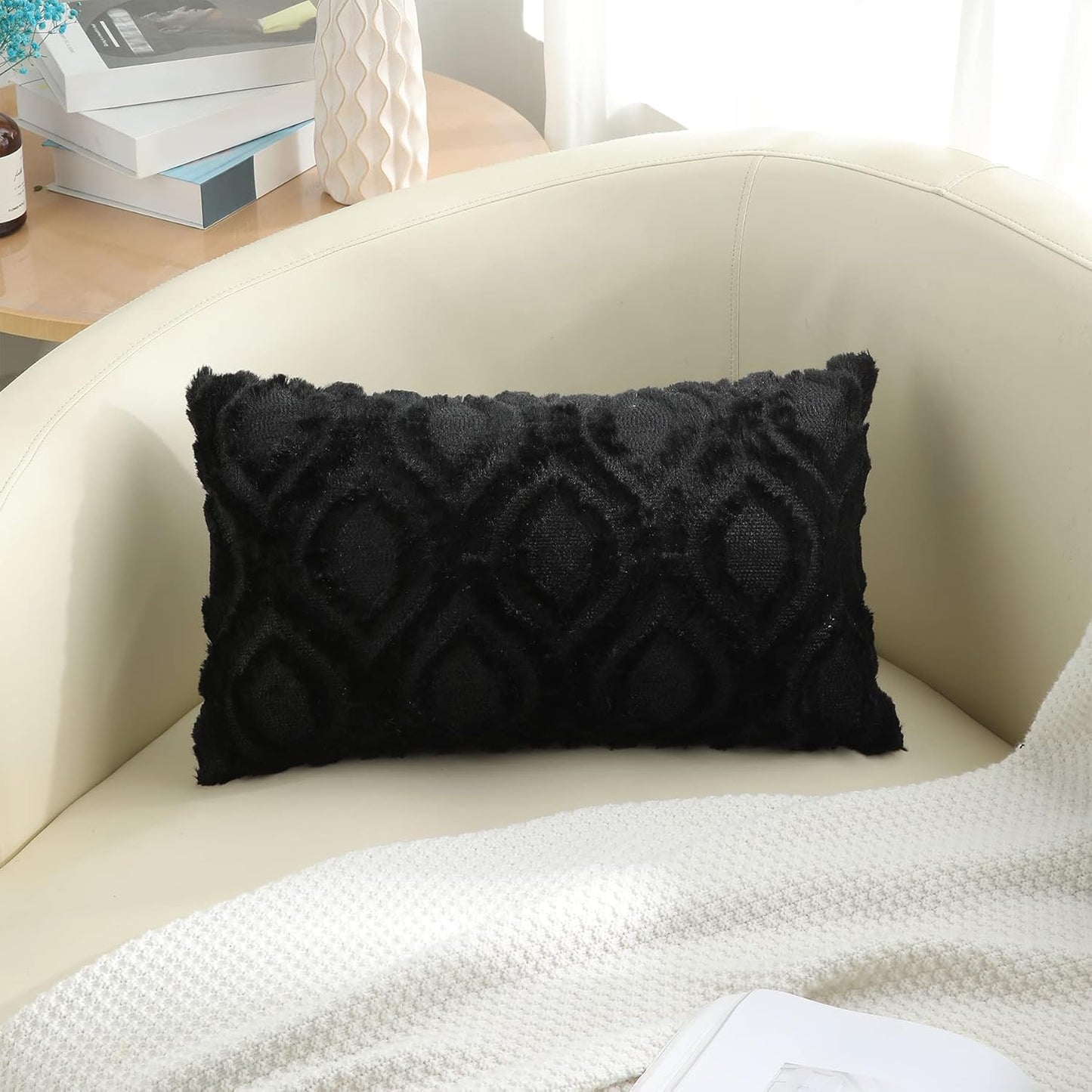 decorUhome Throw Pillow Covers 12x20 Inch Set of 2, Soft Plush Faux Wool Black Solid Couch Pillow Covers, Accent Farmhouse Neutral Rectangle Pillow Cases for Sofa Bed Living Room