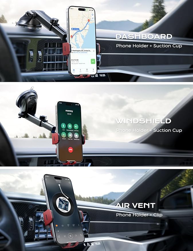 CHGeek 15W Fast Charging Auto Clamping Car Charger Phone Mount Phone Holder (Red)