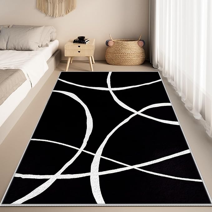 Black and White Rugs, Abstract Rug, Modern Minimalist Rug, Curved Line Design Carpet, Black and White Abstract Rugs for Washable Non Slip Living Room Home Decor 4x6