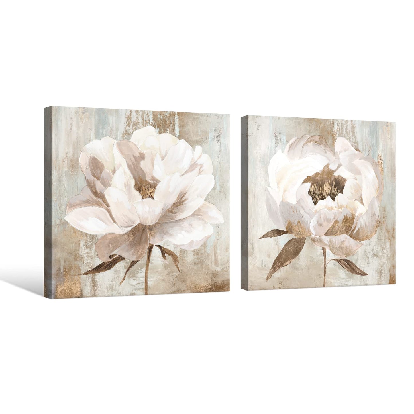 7CANVAS Beige Flower Wall Art White Floral Blooming Canvas Print Modern Botanic Wall Pictures for Livingroom Above Bed Sofa Home Decoration 24x24Inchx2pcs