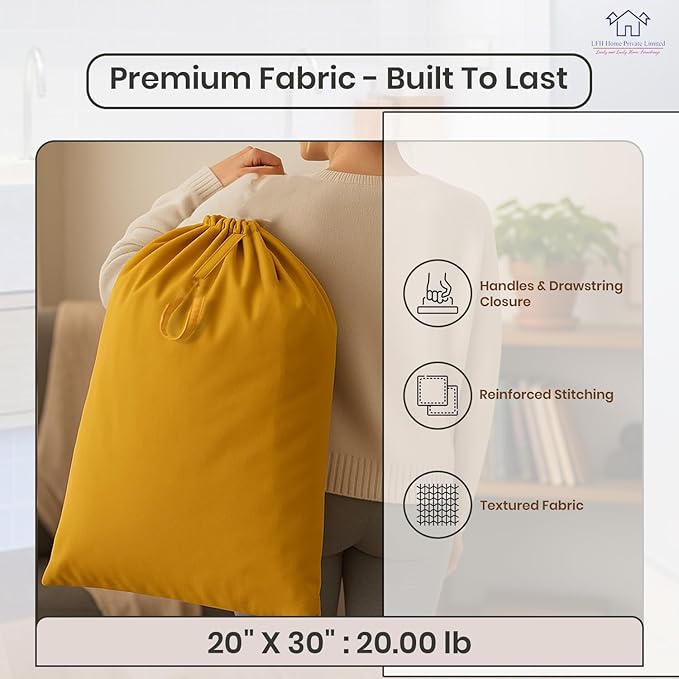 LFH Home Large Premium Cotton Canvas Laundry Bag with Drawstring and Handles Heavy Duty, Multi-Use, and Washable for Home, Travel, College or Storage 20x30 (Pack of 2)-Yellow