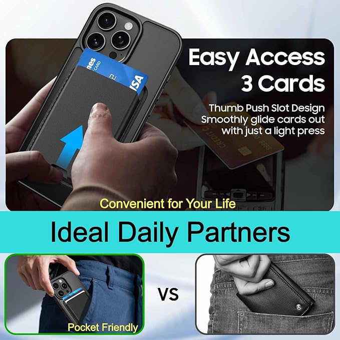 Ntwinro Magnetic for iPhone 15 Pro Max Case (Compatible with MagSafe) with Detachable Wallet & Card Holder for 3 Cards [RFID Blocking] Military Grade Protective Slim Phone Cover, Black