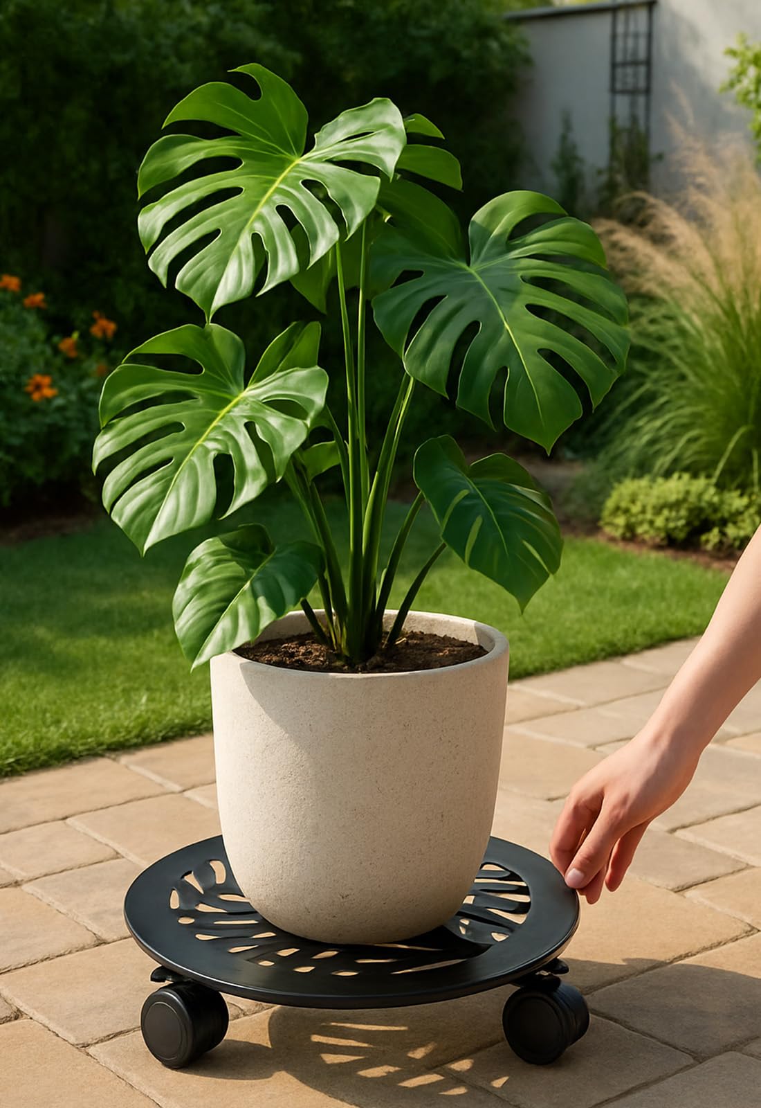 4 Packs Large Metal Plant Caddy with 3 PU Wheels 12" Heavy-Duty Wrought Iron Rolling Plant Stands Indoor Outdoor Wheeled Plant Dolly Planter Mover Rollers Plant Trolley Cart, Plant Saucers Included