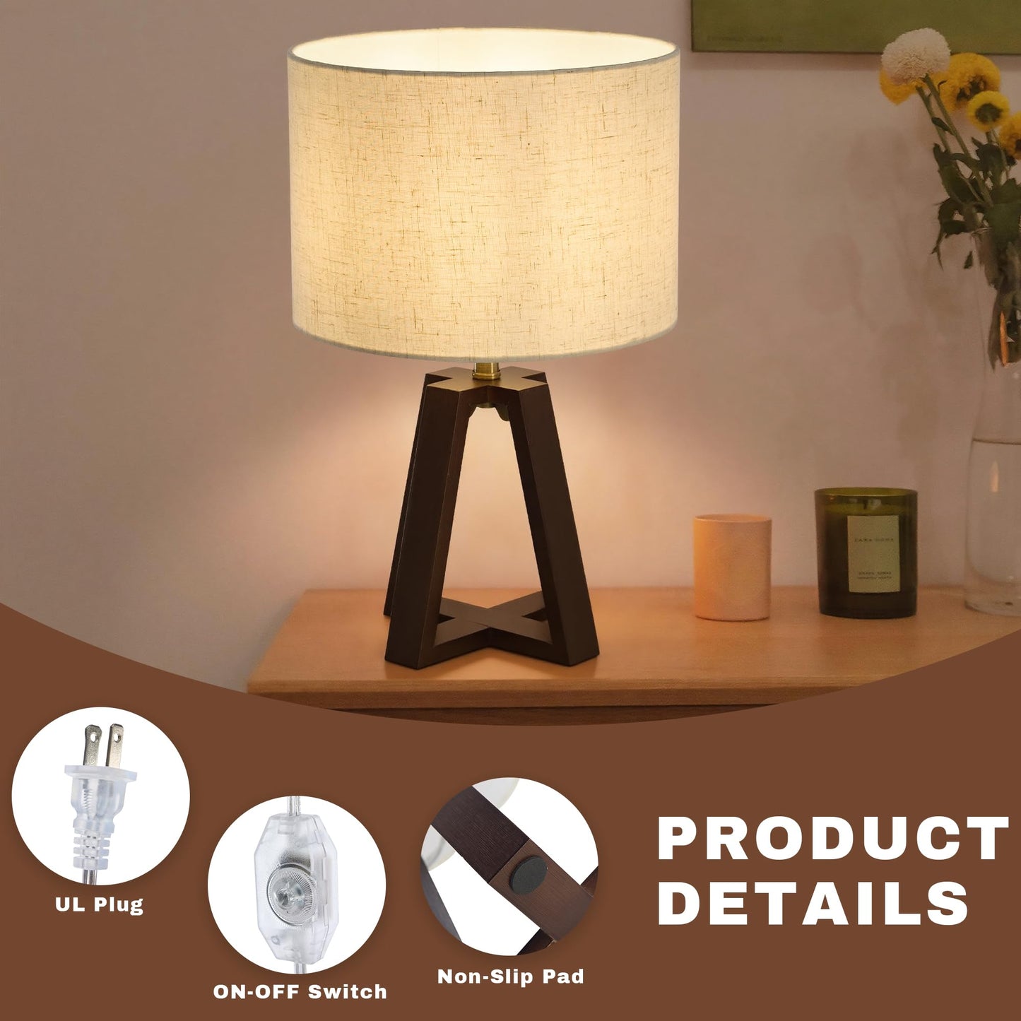 Booniture Cross-Base Table Lamp, Small Bamboo Bedside Lamp with Beige Linen Lampshade, Boho Modern Nightstand Lamp for Bedroom Living Room Office,E26 Socket, Walnut