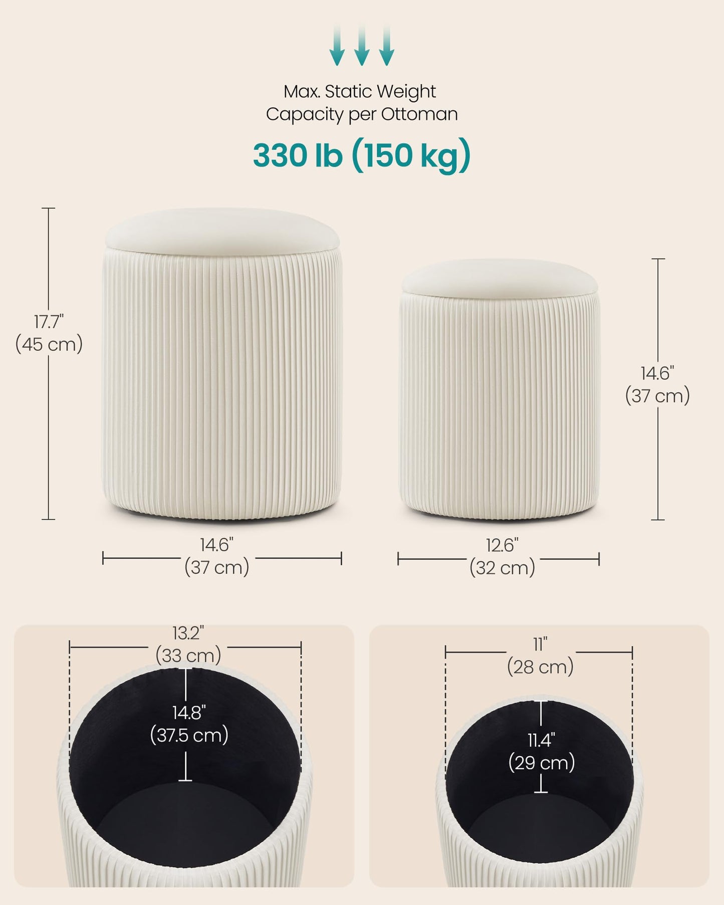 SONGMICS Vanity Stool, Set of 2, Round Storage Ottoman, Small Ottoman Coffee Table, Foot Stool, Removable Lid, for Living Room, Bedroom, Hallway, Easy Assembly, Velvet, Cream White ULOM017WD01