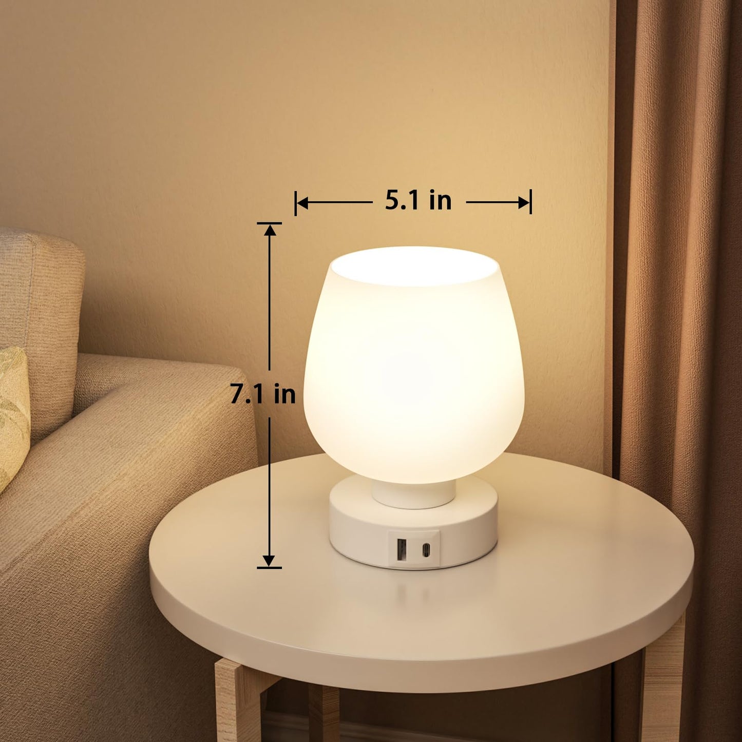 Touch Table Lamp for Nightstand - Bedside Lamp with USB C+A Charging Ports for Bedroom Living Room Night Stands, Desk Lamp with White Glass Shade for Small Spaces, 3 Way Dimmable, LED Bulbs, Gifts