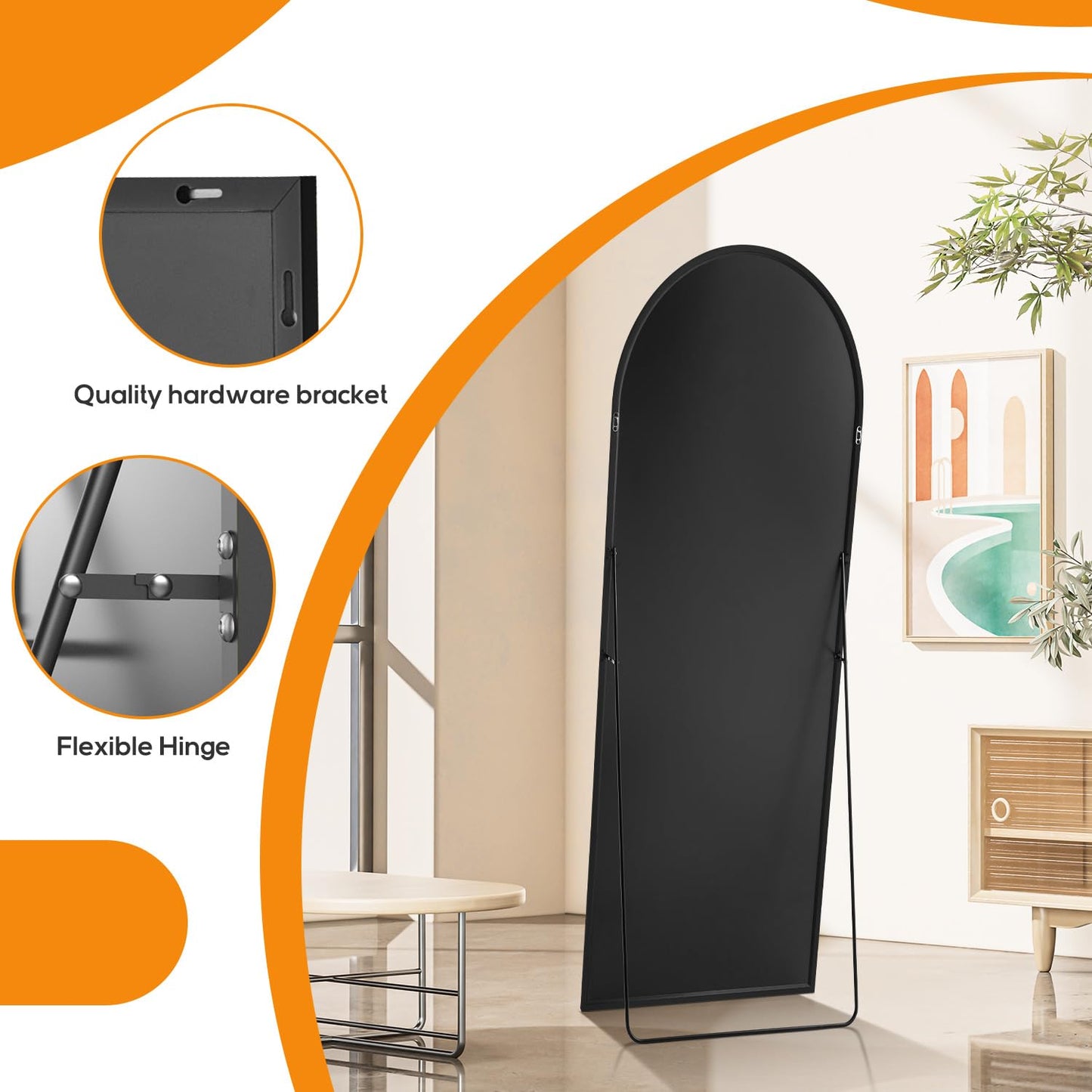 Aidoly Arched Mirror Full Length, Upgraded 21"x64" Body Wall Mirrors with Shatter-Proof Glass, Floor Standing, Hanging or Leaning, Large Tall Arch Mirror with Stand Aluminum Alloy Frame