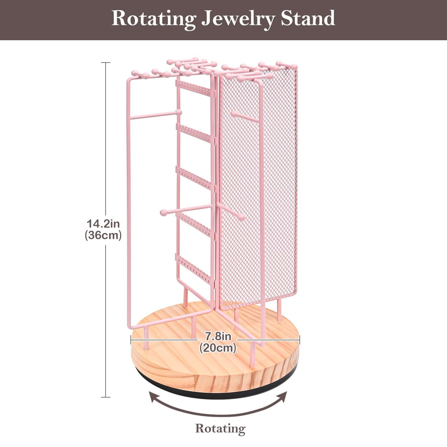 ProCase Rotating Jewelry Organizer Stand Earring Holder Organizer with 28 Necklace Hooks, Jewelry Tree Earring Stand Tower Storage Rack Bracelet Holder, Holds More than 100 Pairs Earrings -Pink