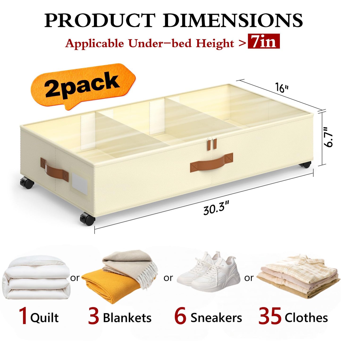 Yecaye Under Bed Storage with Wheels, 2 Pack Under Bed Storage Containers with Adjustable Dividers & Clear Lid, Rolling Underbed Organizer Bins Drawer for Clothes, Shoes, Blankets(30.3 x 16 x 6.7in)