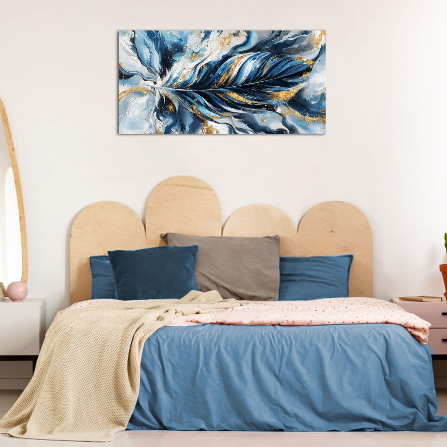 Biuteawal Feather Wall Art Elegant Flying Feathers Picture Print Blue and Gold Art Canvas Modern Luxury Decorative Paintings for Bedroom Living Room Framed