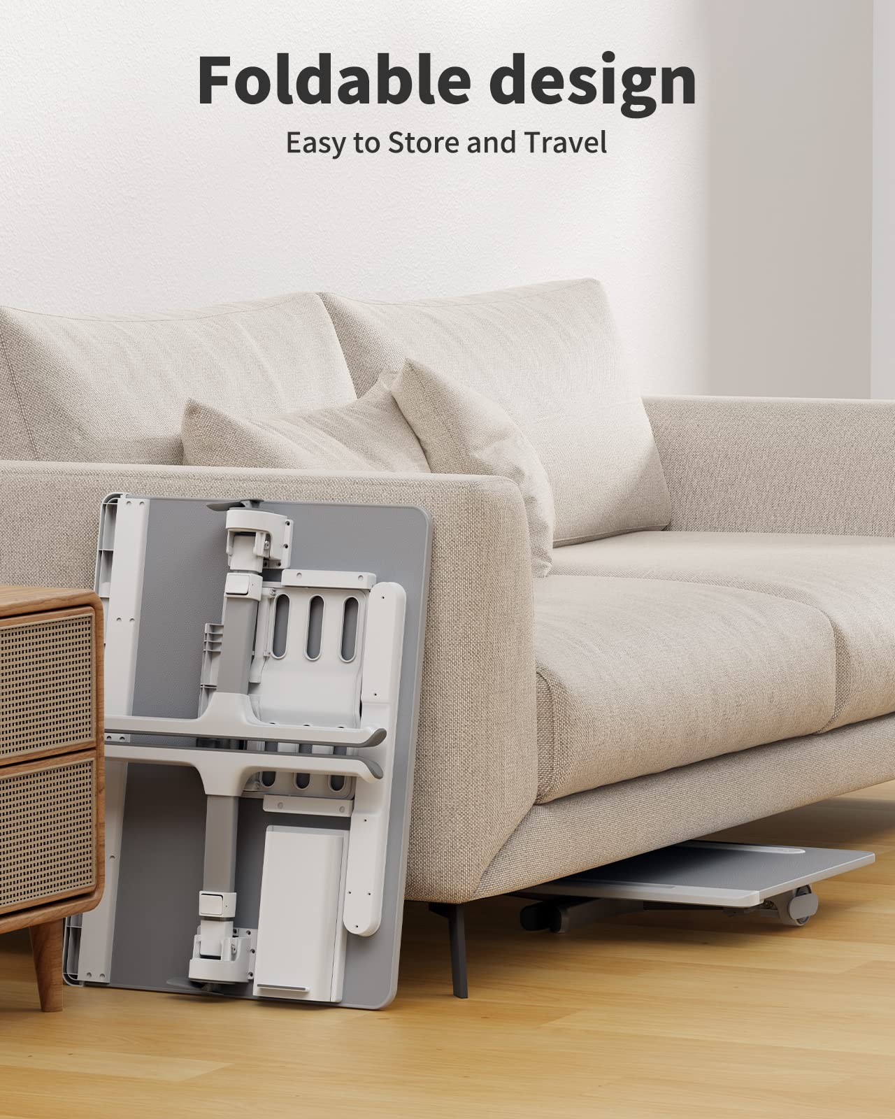 Laptop Bed Tray Desk with LED Desk Lamp, SAIJI Adjustable Laptop Stand for Bed, XX-Large PVC Leather Foldable Table with Book Stand, Wrist Rest, Extra Leg Room for Sofa Couch Floor (Gray)