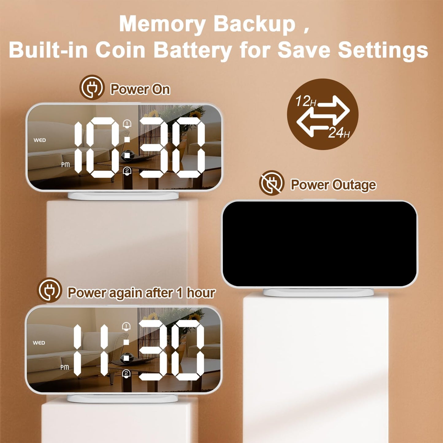 ALANAS Aesthetic Digital Alarm Clock, Big Mirror Display with Dual USB Charger Ports, Dual Alarms, Snooze, 4-Level Adjustable Dimmer, for Bedroom, Office, Desk, Plug in LED Clocks