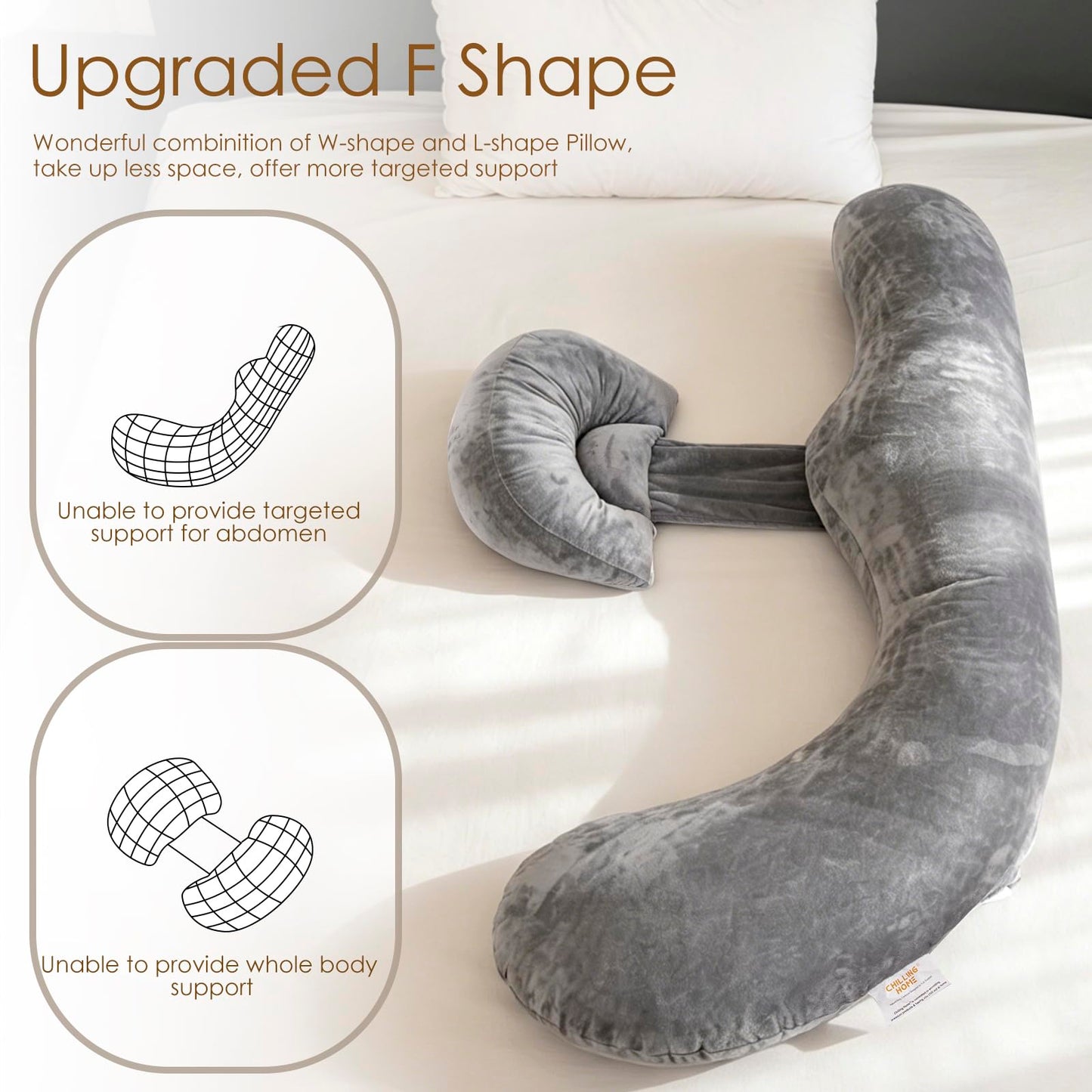 Chilling Home Memory Foam Pregnancy Pillow, F Shaped Maternity Pillow, Adjustable Pregnancy Wedge Pillow with Full Body Support for Back, Belly, Hips, Legs, Pregnant Pillows for Side Sleeping, Velvet