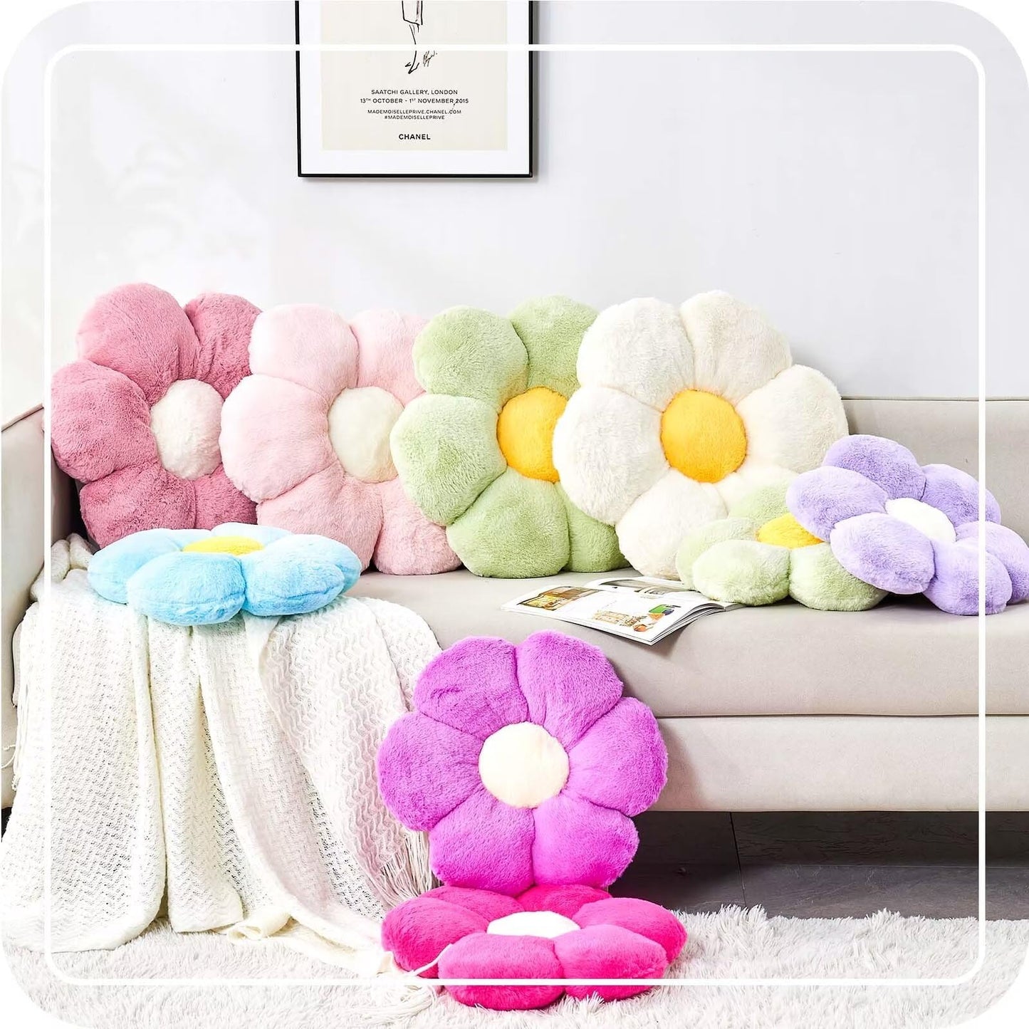Kcvvcr Green Flower Shaped Throw Pillow with Faux Rabbit Fur, 14.9" Soft Plush Throw Pillow for Bedroom Living Room