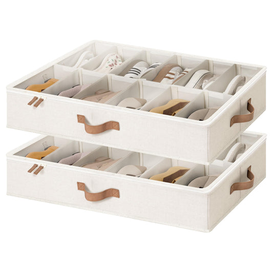 StorageWorks Underbed Shoe Storage Organizer for Closet, 2-Pack Under Bed Shoe Organizer with Bottom Support and Adjustable Dividers, Fits up to 24 Pairs, Beige