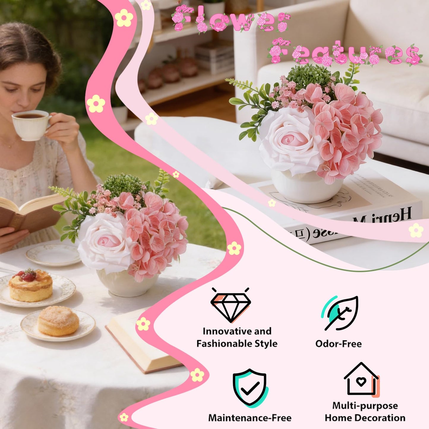 ucky Artificial Flowers with Ceramic Vase, Faux Pink Hydrangea and Light Pink Silk Roses Floral Arrangement, Small Potted Centerpiece for Dining Table, Farmhouse Kitchen Home Office Decor & Gift