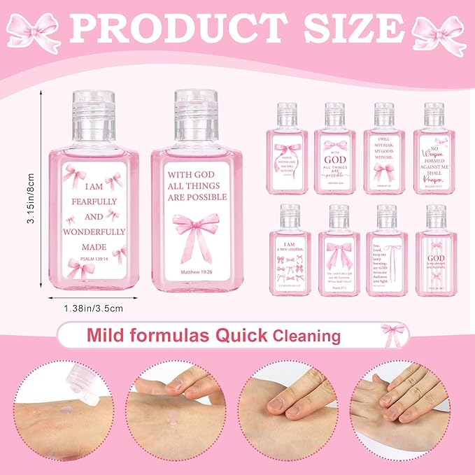 50 Pcs Christian Mini Hand Sanitizer Bulk Coquette Pink Bible Verse Hand Sanitizer Pink Bow Religious Inspirational Favors 1fl oz Travel Size Hand Soap Gift for Christmas Christian Party Supplies