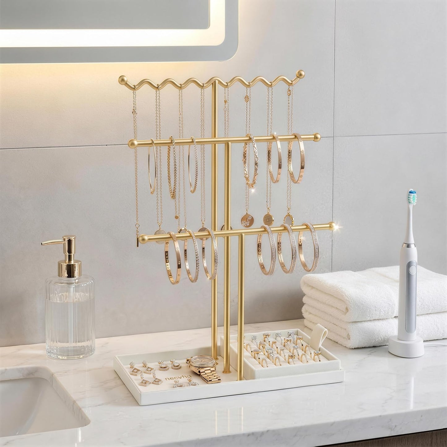 necvha Jewelry Stand Holder Organizer, 3 Tier Bracelet Holder Display with Detachable Velvet Tray, Elegant Jewlery Tower for Display Bracelet, Necklace, Earrings, Rings (Beige)