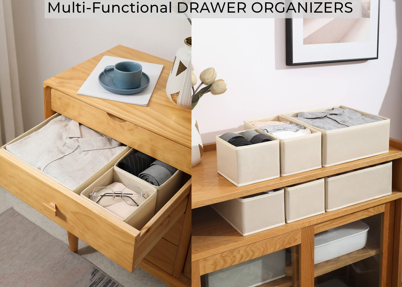 Fordonral 12 Pack Drawer Organizer Clothes, Foldable Fabric Dresser Organizer Closet Organizers and Storage Box for Underwear,Folded Clothes,Baby Clothing,Socks,Bra,Towels,Ties(12 Pack,Beige)