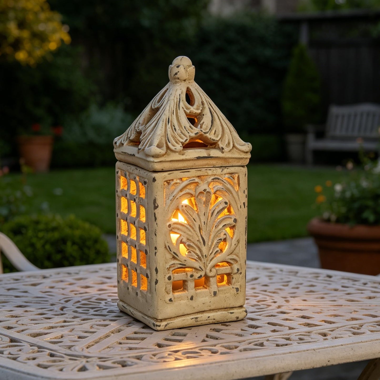 French Country Candle Lantern 15”H Grid-Carved Distressed White Decor Gift