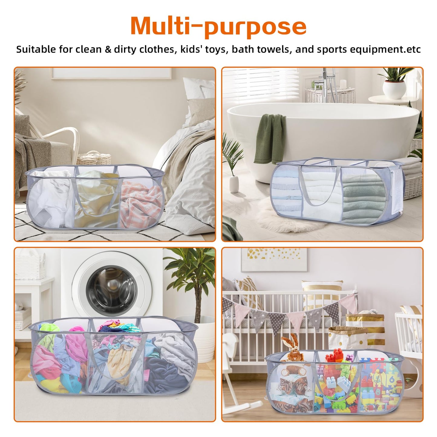 Durable Collapsible Foldable Pop Up Laundry Hamper, Sturdy 3 Compartments, Handy Pocket & Easy to Sort Clothes Hampers for Dorm, Kids Room, Travel - Grey