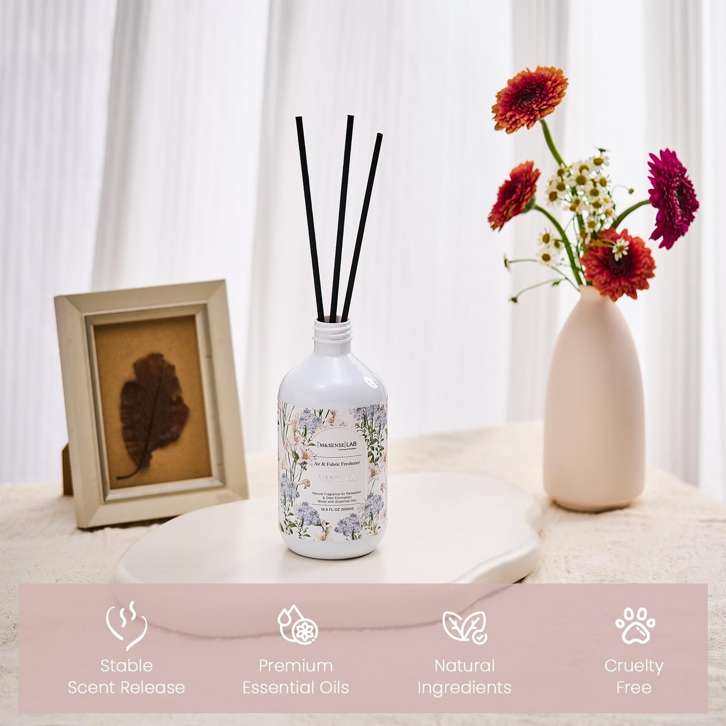 M&SENSE Reed Diffuser Oil Refill, 16.9oz (500ml) with 10 Hollow Reed Sticks, Vanilla Scent Home Fragrance, Scented Oil Refills, Natural Essential Oils for Diffusers, Décor for Home Spa & Office