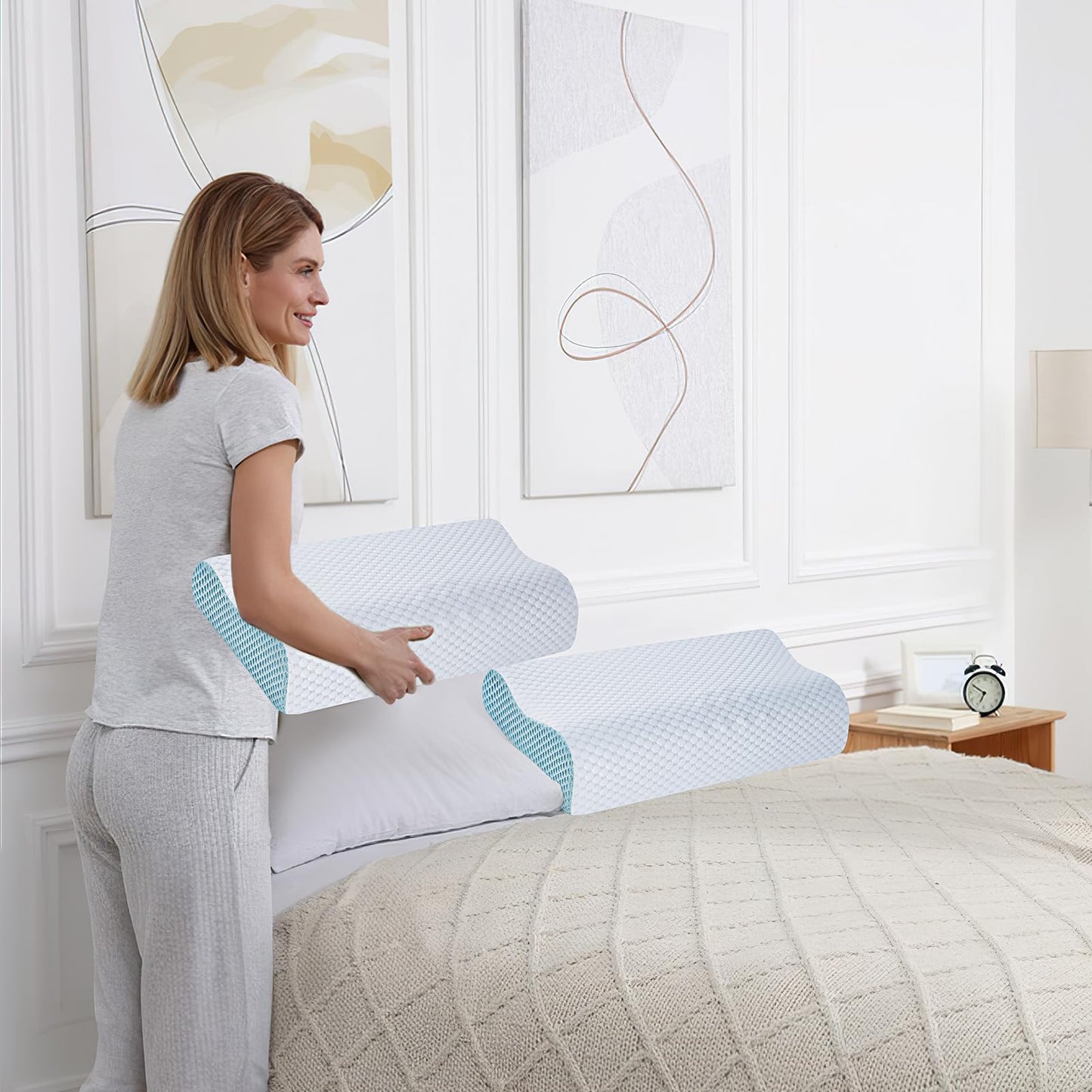 SUFOR 2 Pack Memory Foam Cooling Bed Pillows for Sleeping, Ergonomic Cervical Pillow for Neck and Shoulder Pain Relief, Adjustable Cold Pillow Set of 2,with Pillowcase（Blue）