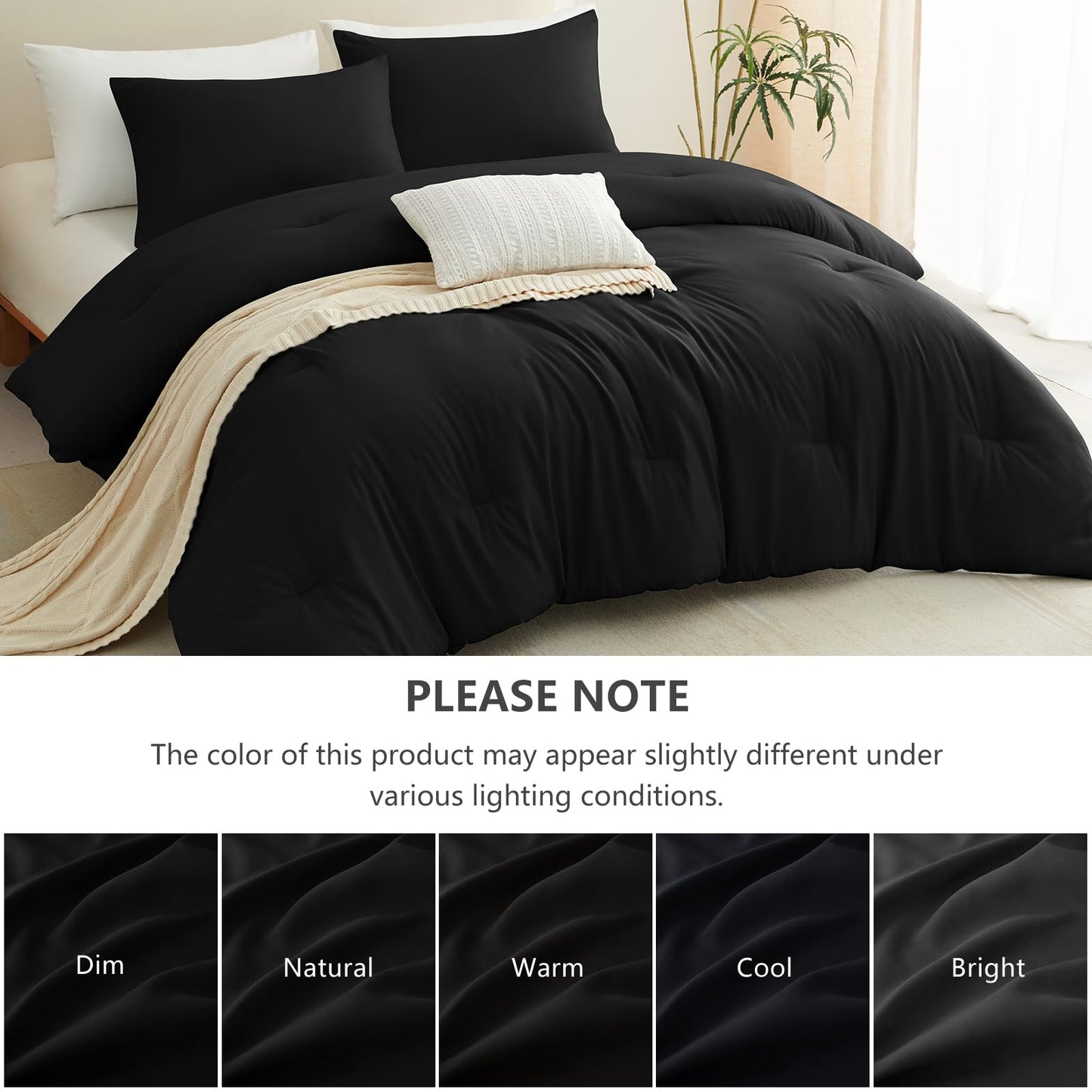 CozyLux Queen Comforter Set Black, 3 Pieces Lightweight Comforters Queen Size Quilted Bedding Sets, All Season Breathable Solid Down Alternative Comforter with 2 Pillowcases, Soft Bed Set for Home