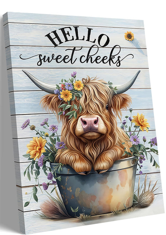 Funny Highland Cow Bathroom Canvas Wall Art Farmhouse Cute Cow Wall Decor Painting Picture Colour Flowers Highland Cattle Poster Print Animal Artwork for Bathroom Restroom Bedroom Decoration 12x16in