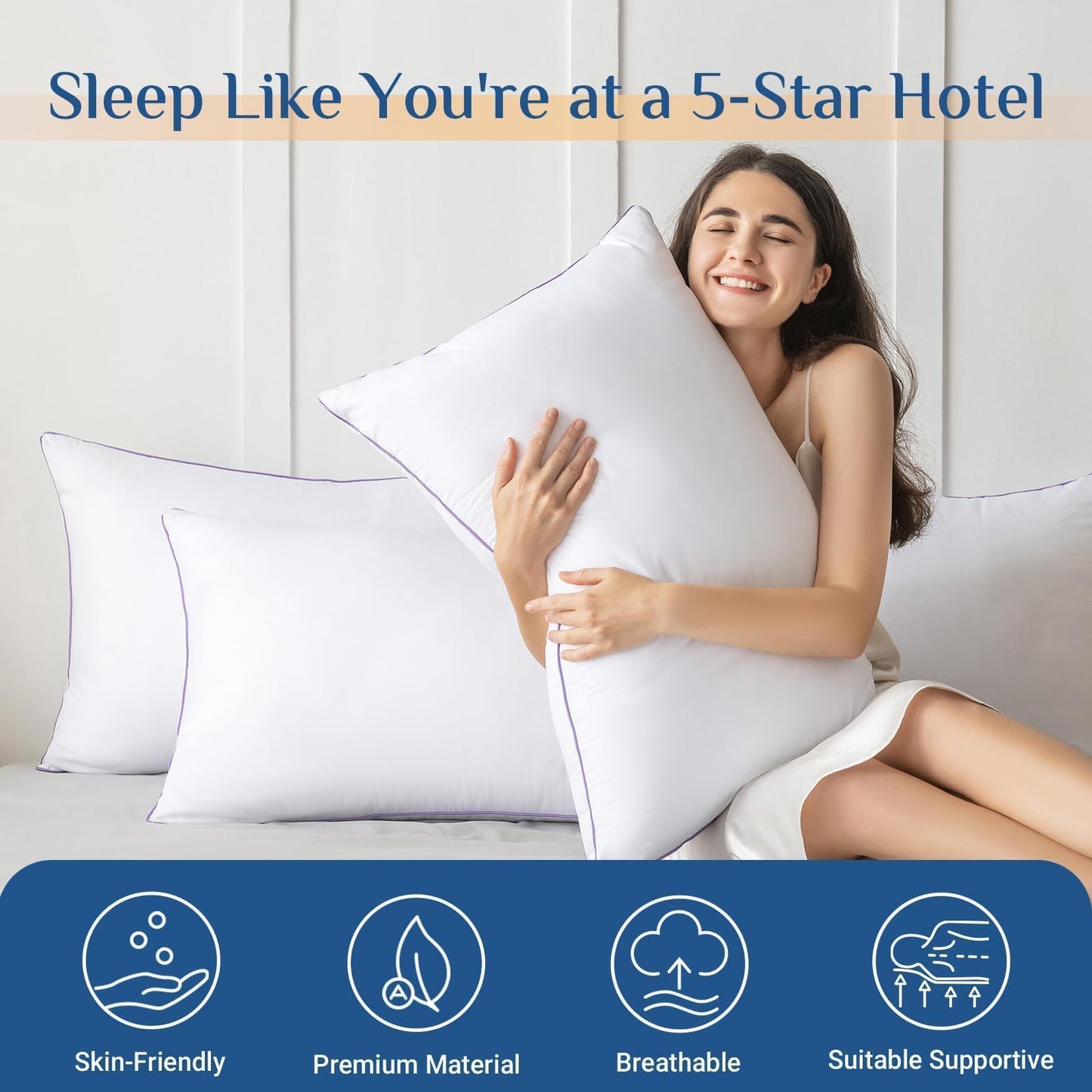 JOLLYVOGUE Firm Pillows Queen Size Set of 2, Supportive Bed Pillows with Oeko-Tex Certified Down Alternative Fill, Fluffy Hotel Quality for Back, Stomach and Side Sleepers