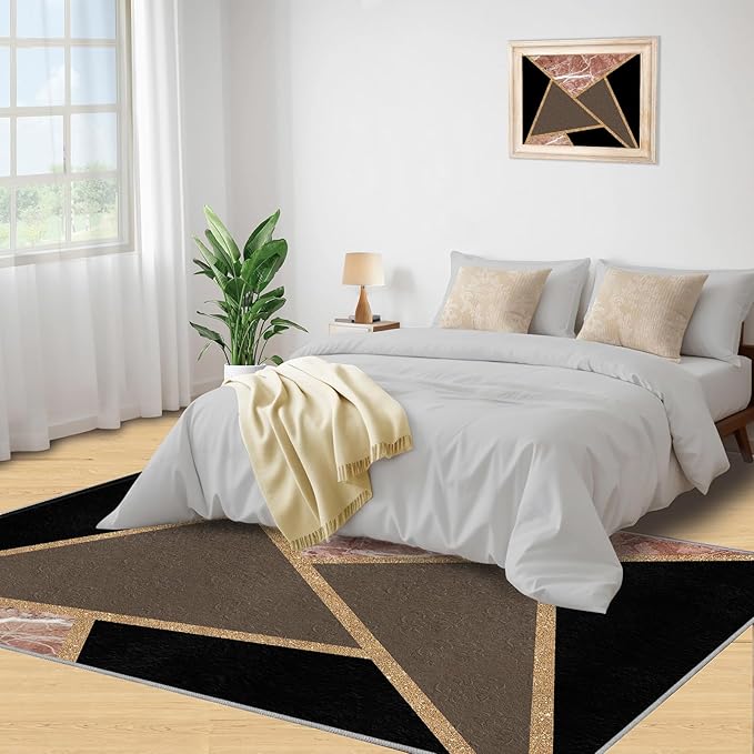 Black Gold Marble Rug Modern Geometric Marble Area Rug Mid-Century Minimalist Geometric Rugs Vintage Crackle Carpet Washable Non-Slip Carpet for Bedroom 7x8ft