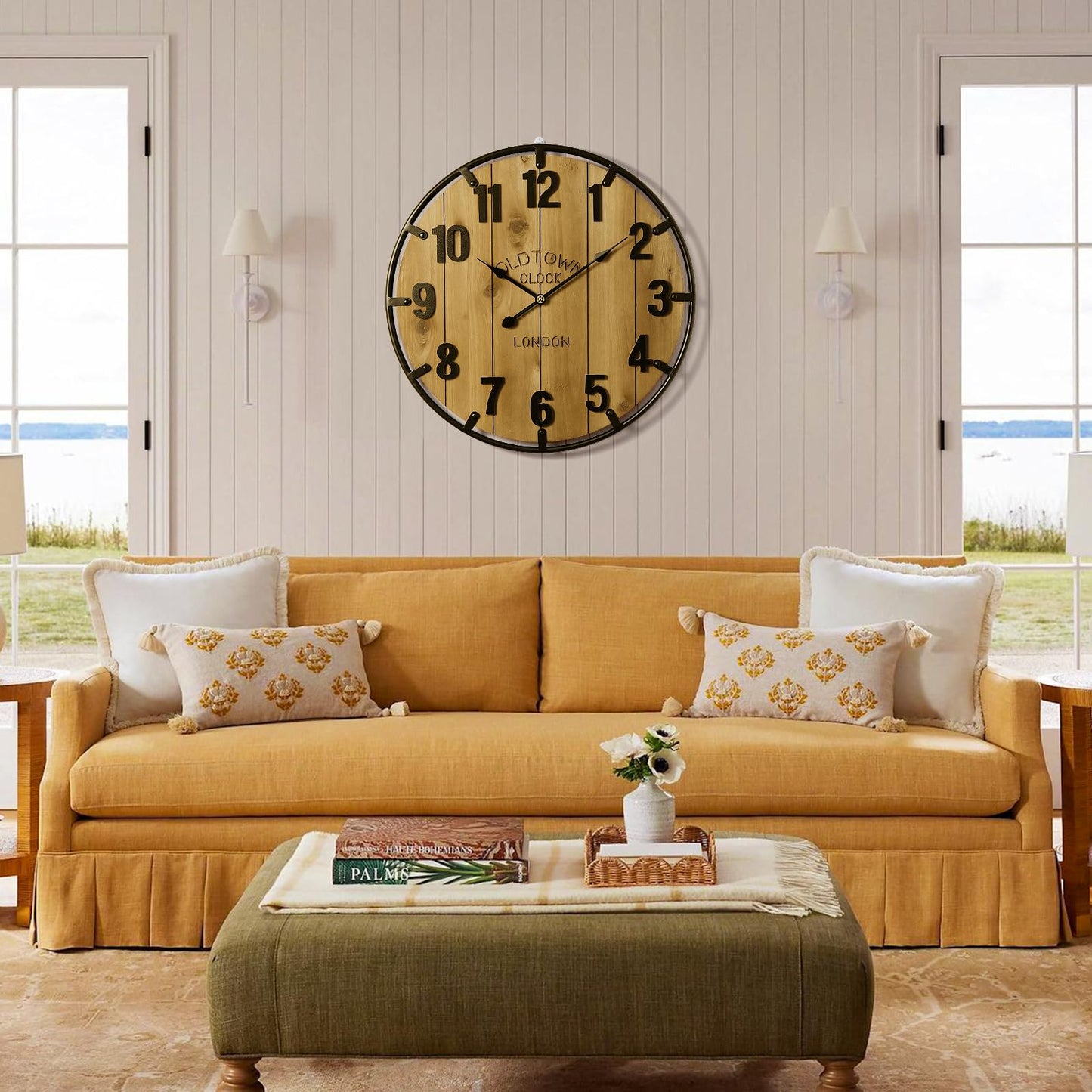 Vantic Farmhouse 24 Inch Extra Large Decorative Wall Clock with Metal Circle, Oversized Wood Wall Clock with Large Arabic Numeral for Living Room, Bedrooms and Offices, Silent and Battery Operated
