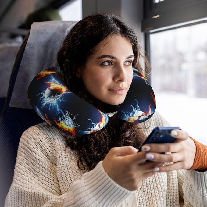 Travel Pillow for Boys and Girls, Comfortable Neck Chin Head Support Cushion Ice Water Fire Lightning Baseball Ball, Comfortable for Airplanes Car Sleeping Rest