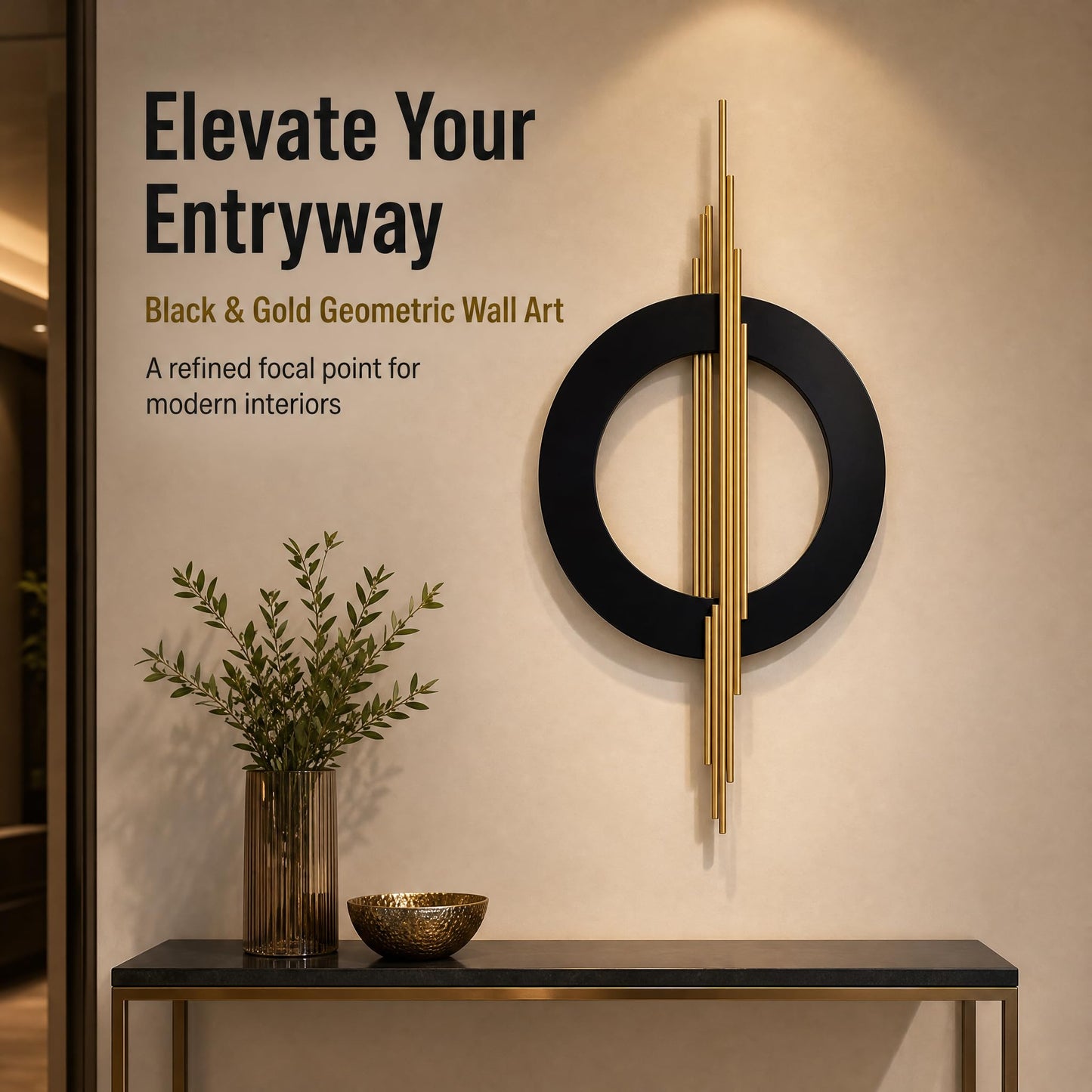 JFUJFU Large Black And Gold Metal Art 3d Wall Decor with Geometric Round & Line for Living Room & Bedroom