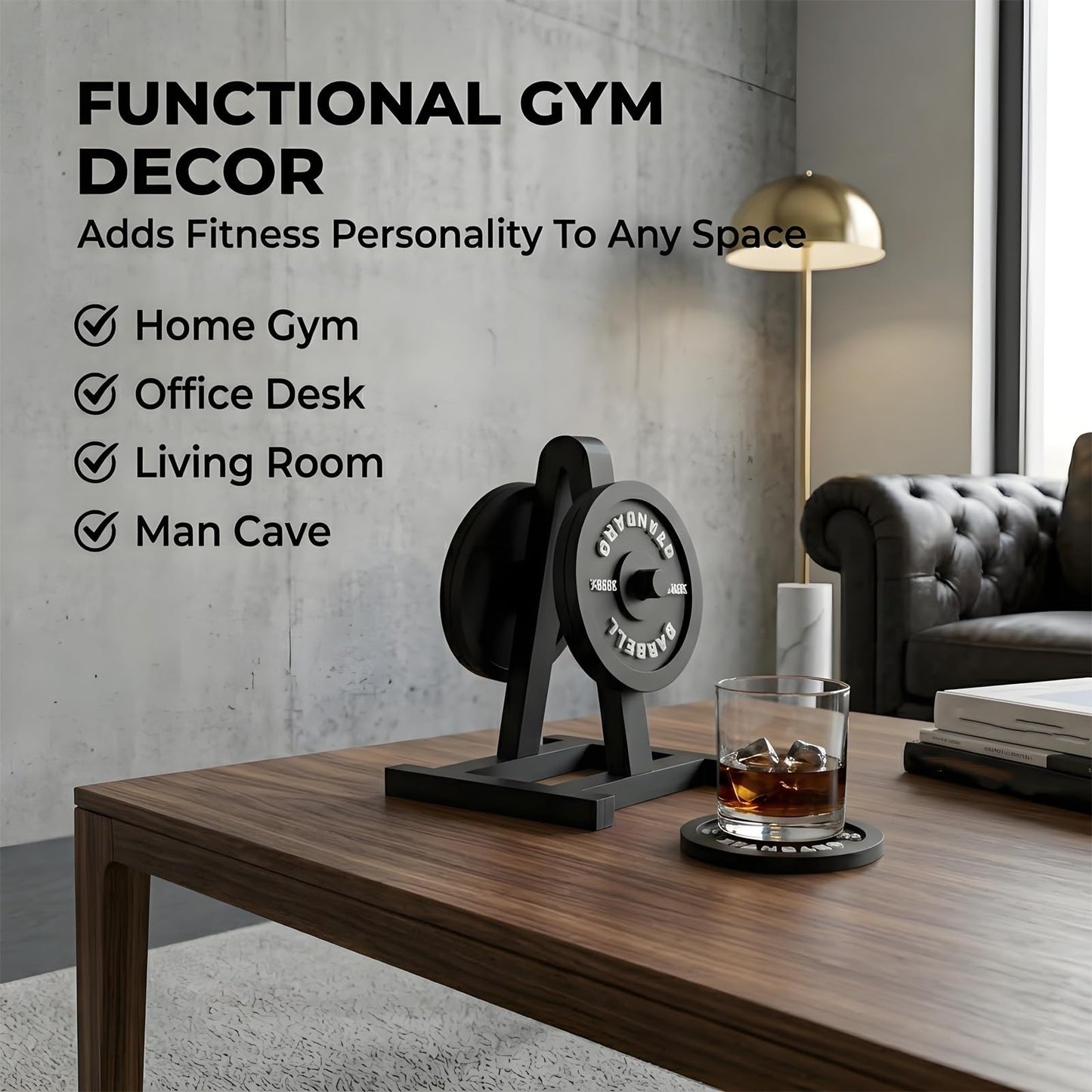 Weight Plate Coaster Set with Rack, 4 Pack Barbell Bumper Plate Drink Coasters, Durable Non-Slip Drink Mats, Unique Gym Gifts, Home Gym Decor & Workout Accessories