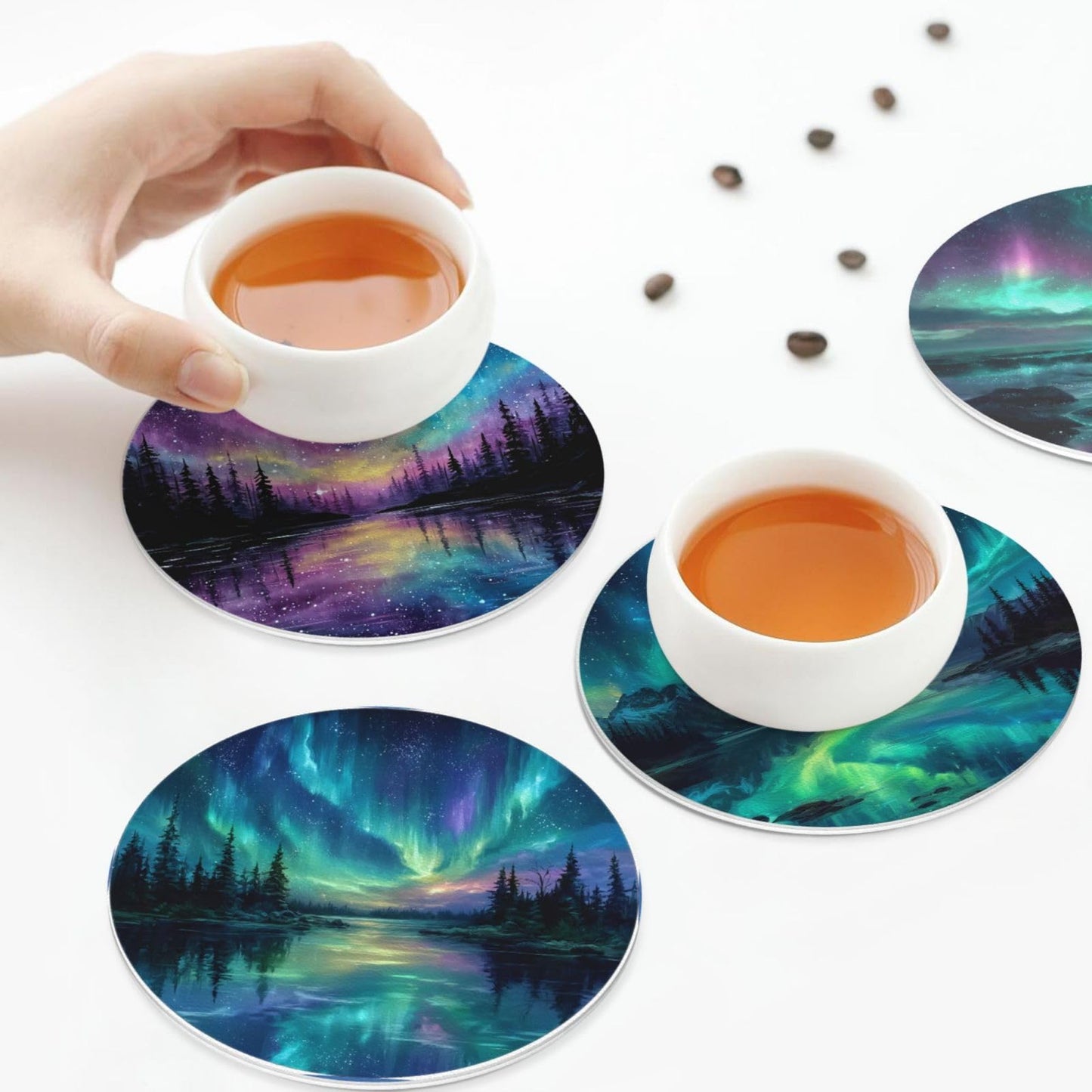 sunwarshile Northern Lights Coasters for Drinks with Holder Round Leather Coasters Set of 6 Cups Mugs Mat Pad for Home Kitchen Bar