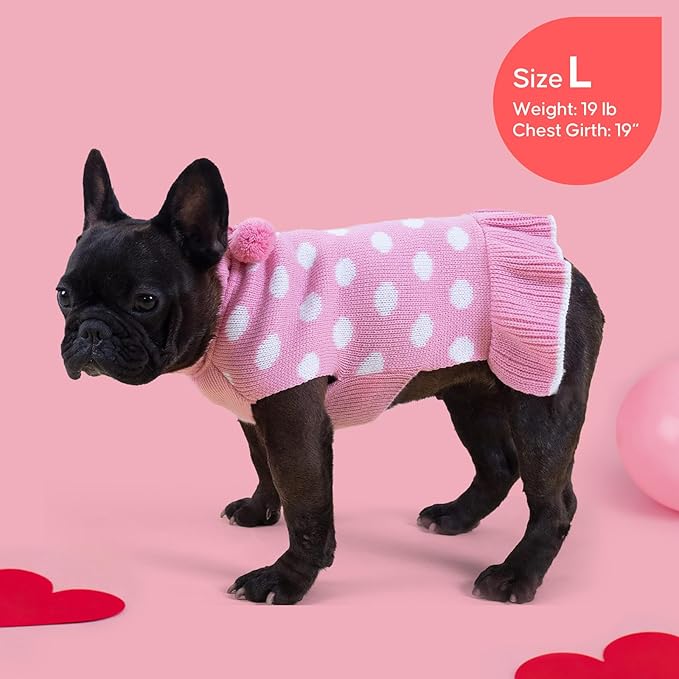 KYEESE Valentines Dog Sweater Dress, Warm Dog Sweaters for Small Dogs Girl Dogs Clothes, Pullover Cozy Knit Pet Apparel with Leash Hole, Pink Dot, L