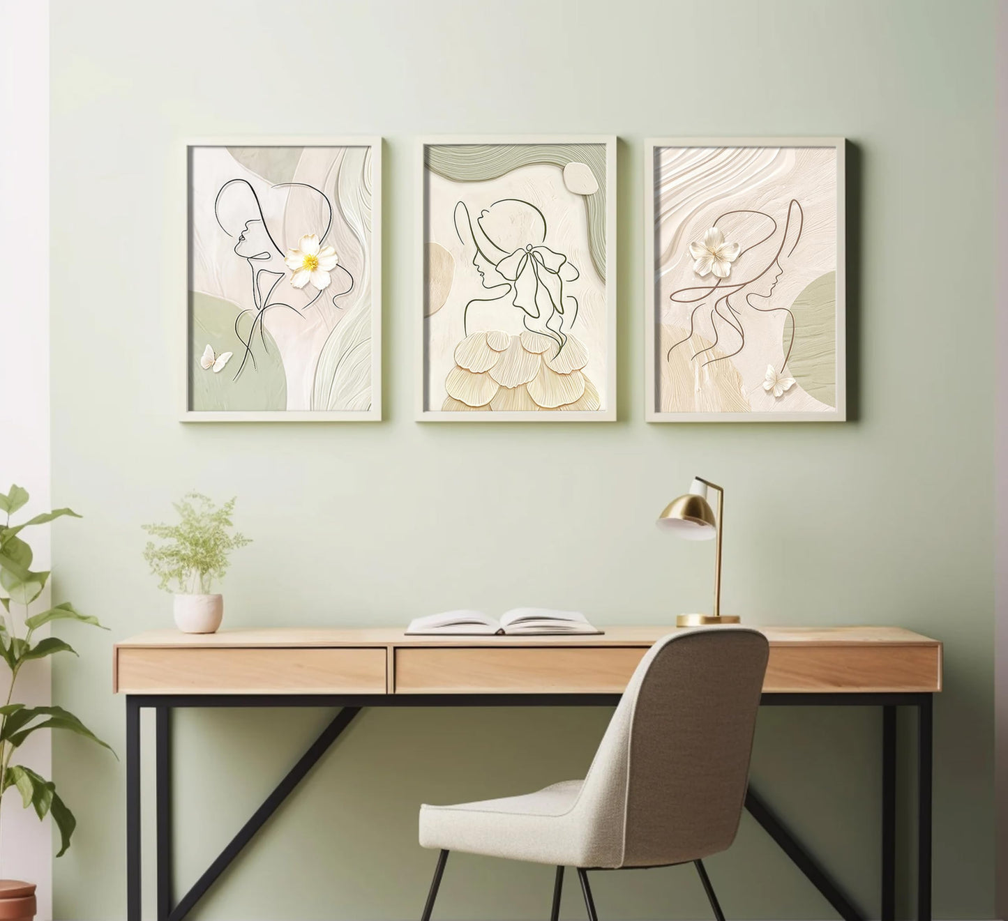 3Pcs Abstract Woman Canvas Wall Art Minimalist Line Beige and Green Girl Picture Wall Decor White Flower Texture Posters Boho Cream Neutral Painting Print Artwork for Living Room Bedroom, Unframed