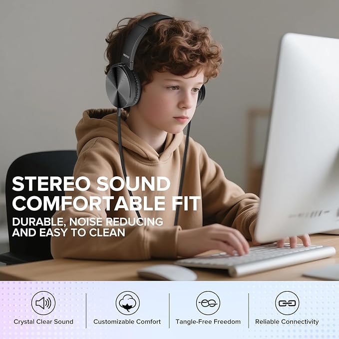 24 Pack Bulk Headphones for Classroom,Adjustable Wired Black Over-Ear Headsets with 3.5 mm Plug for Kids Students School Library Museums Charity Donate (HTC004 Black)