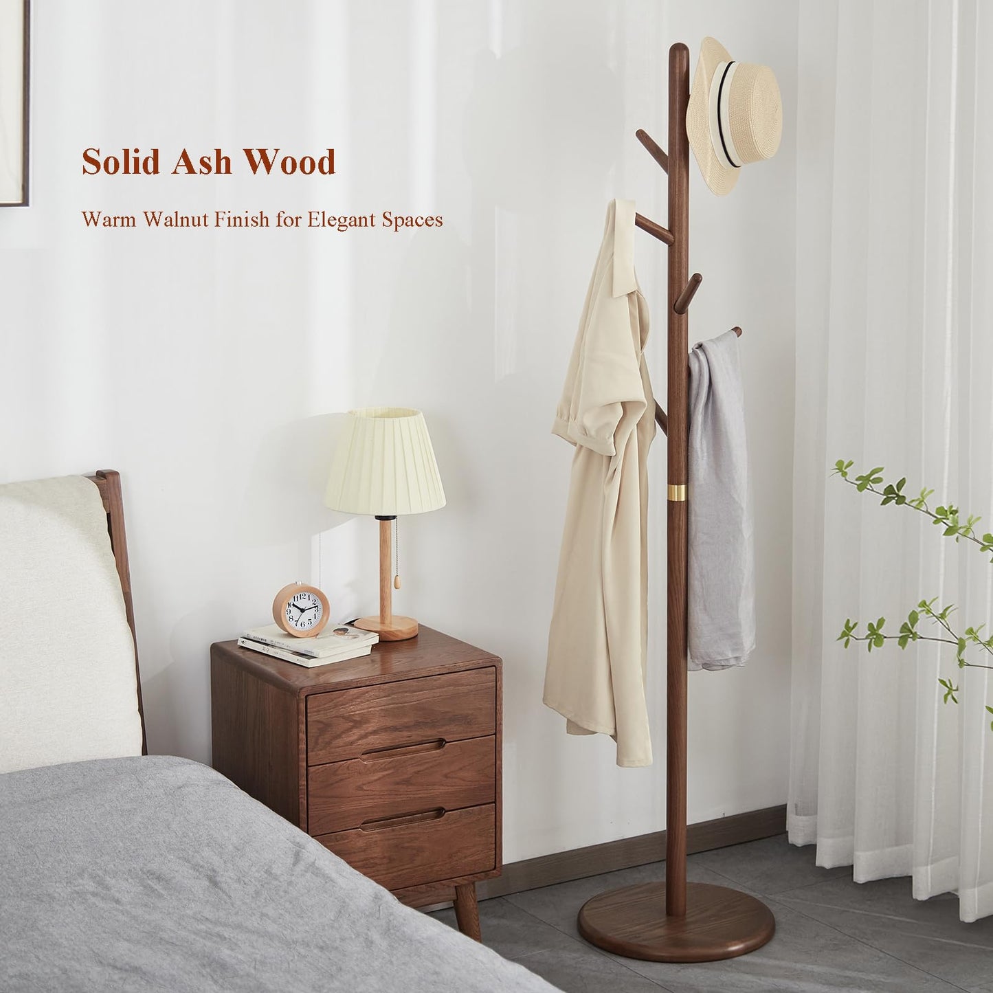 Homruilink Coat Rack, Solid Wood Coat Rack Freestanding with 6 Hooks, Wooden Coat Tree Freestanding for Hats, Handbags, Coat Stand for Entryway, Bedroom, Hallway - Fathers Day Gift for Dad (Walnut)