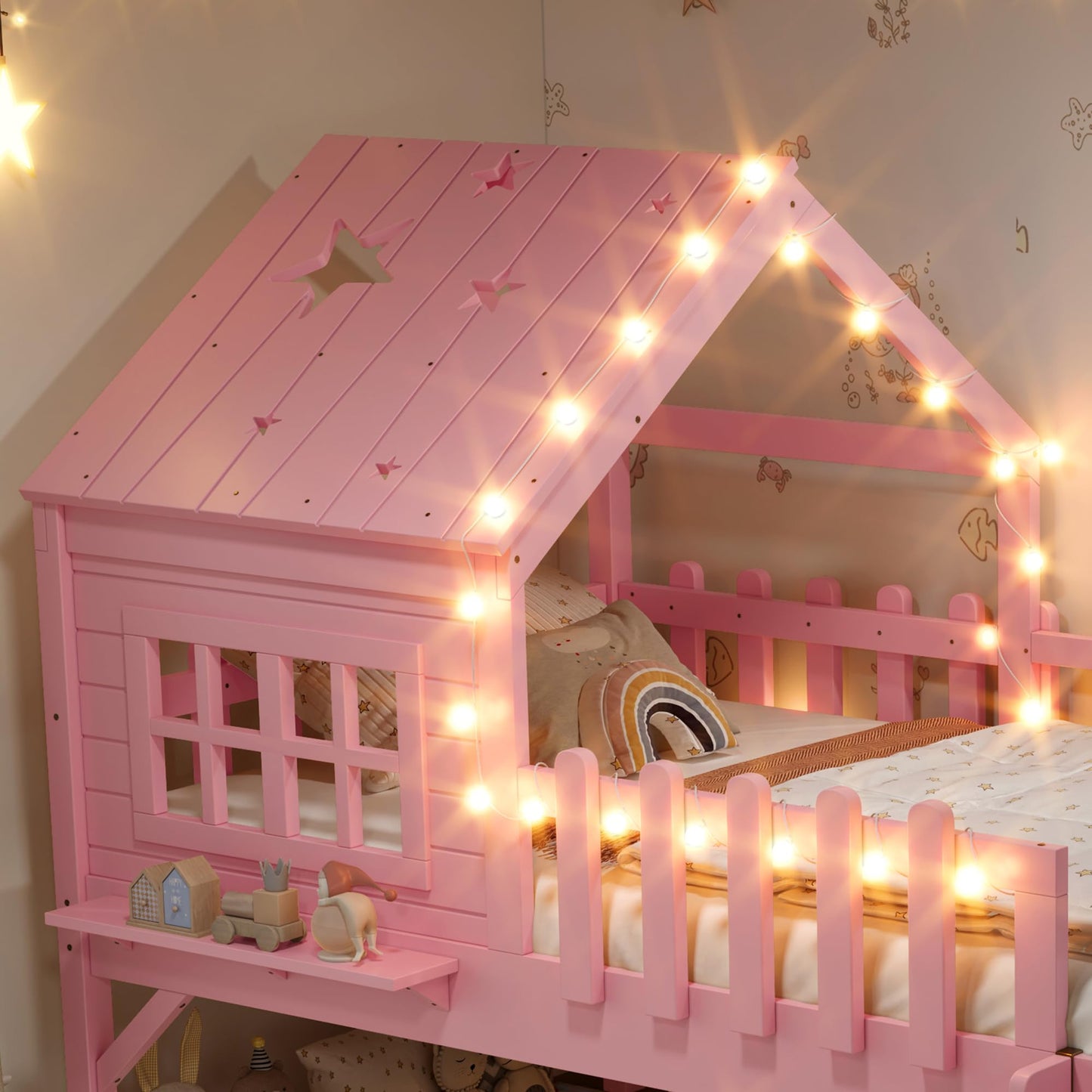 Bellemave Twin Loft Bed with Slide and Ladders, Solid Wood Low Loft Bed with Tray, Lights, Playhouse Roof, House Loftbed Frame for Kids, Boys, Girls, Childlike and No Box Spring Needed Design, Pink