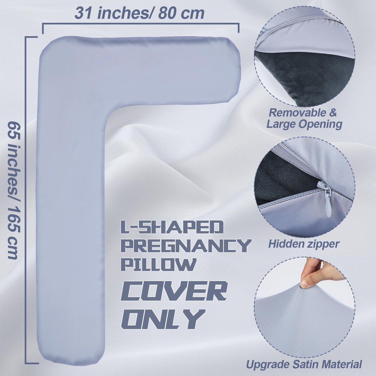 Windkream Silky Satin Pregnancy Pillow Cover, Only Pillowcase, L Shaped Snuggle Maternity Body Pillowcase for Cooling Skin Hair Full Body Pillow Cover with Hidden Zip for Side Sleeper