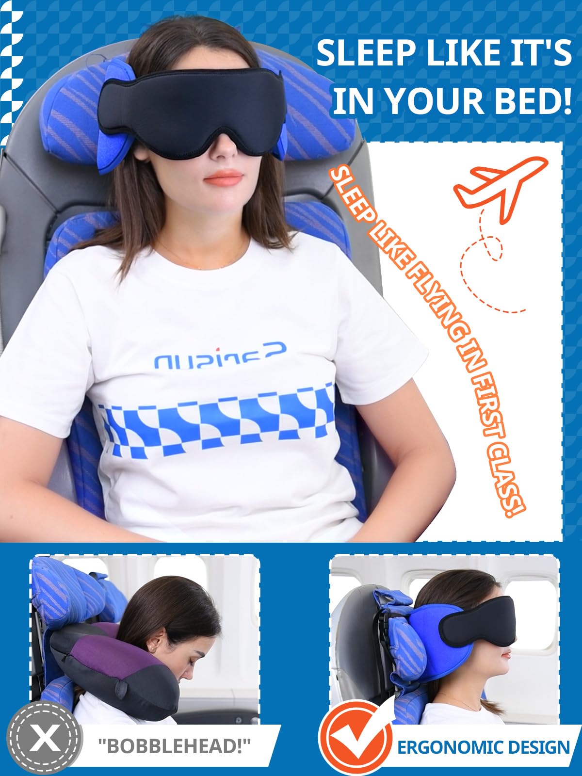 SARISUN Travel Pillows for Airplanes, 2pcs Airplane Pillows for Long Flight with Sleep Eye Mask, Plane Head Strap for Road Trip, 360° Support for Sleeping, Stop Bobblehead Travel Essentials, Black