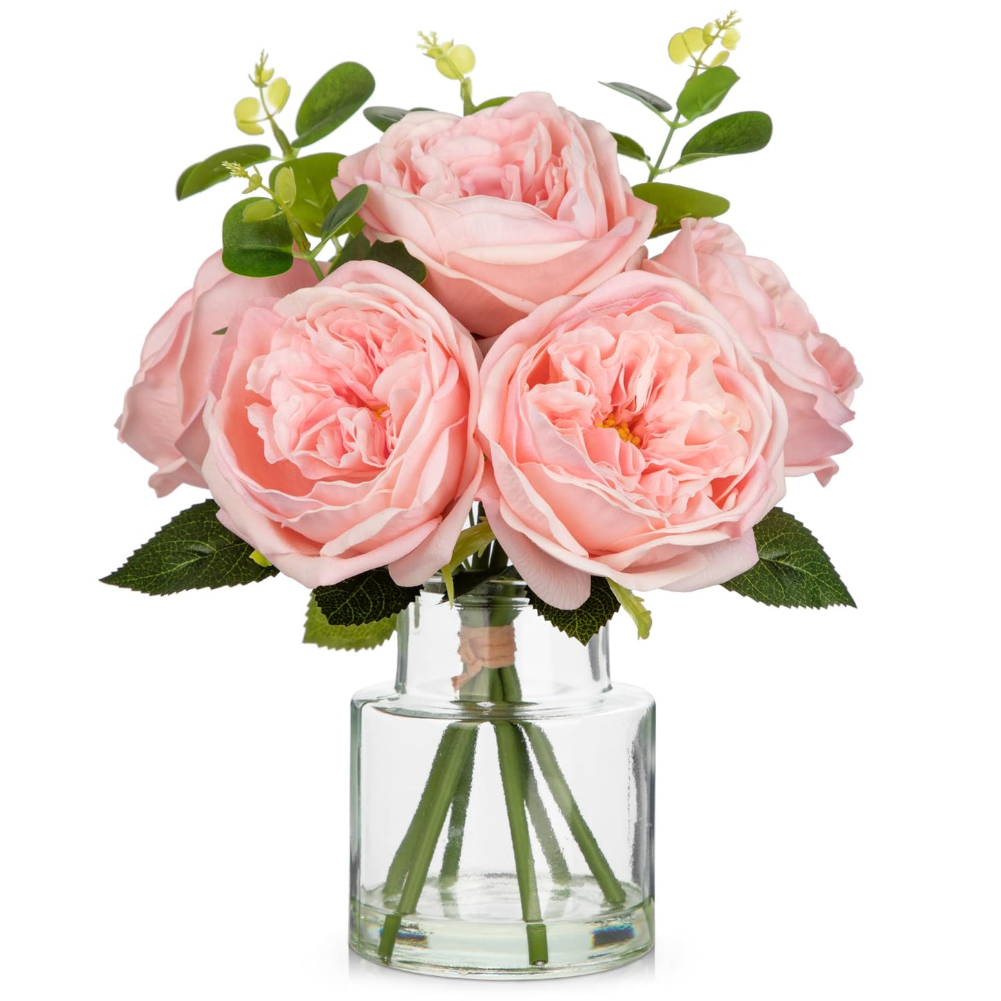 Hollyone Real Touch Peonies Artificial Flowers Arrangements in Vase Pink Fake Peonies with Glass Vase Silk David Austin Roses Faux Flowers with Faux Water Bouquet Table Floral Centerpiece Home Decor