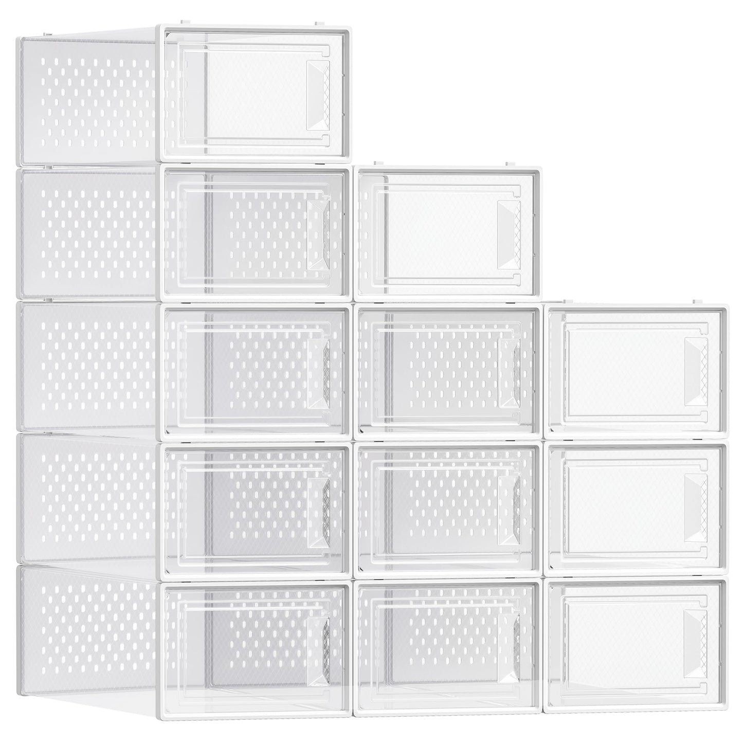SONGMICS Shoe Boxes, Pack of 12 Shoe Storage Organizers, Stackable Clear Plastic Boxes for Closet, Sneakers, 13.1 x 9.1 x 5.6 Inches, Transparent and White ULSP12SWT