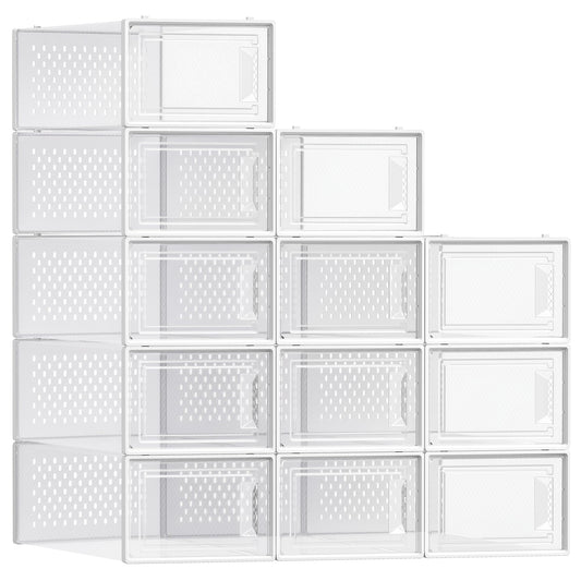 SONGMICS Shoe Boxes, Pack of 12 Shoe Storage Organizers, Stackable Clear Plastic Boxes for Closet, Sneakers, 13.1 x 9.1 x 5.6 Inches, Transparent and White ULSP12SWT