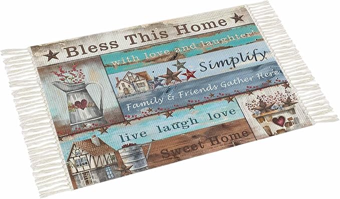 Turquoise Blue Brown Runner Rug 3X5 Ft Bedroom Area Rug, Washable Woven Vintage Barn Rustic Cabin Throw Carpet with Tassel, Non-Shedding Country Star Farm Wooden Plank Dining Room Living Room Carpets