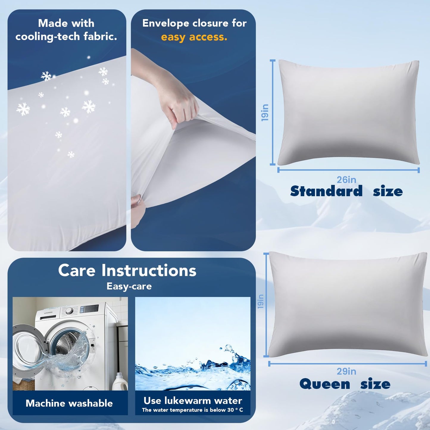 SUPA MODERN Cooling Pillow Cases for Hot Sleepers Pillow Covers Queen Size Set of 2, Cool Pillow Cases Envelope Closure,Ultra Soft& Silky Smooth for Hair&Skin Care, Gifts for Women Men, Grey 20x30in