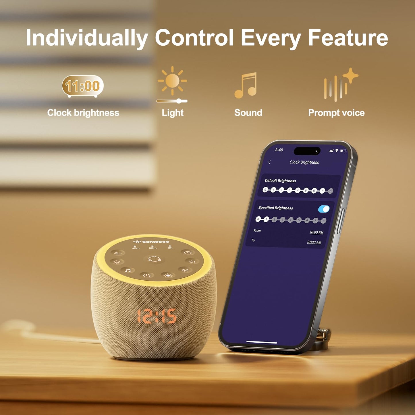 Santebee Sound Machine for Sleep, Smart White Noise Sound Machine 388 Soothing Sounds, 3 Custom Buttons APP Control Night Light, Noise Canceling Dimmable Clock for Adults Baby Kids Lullaby Office